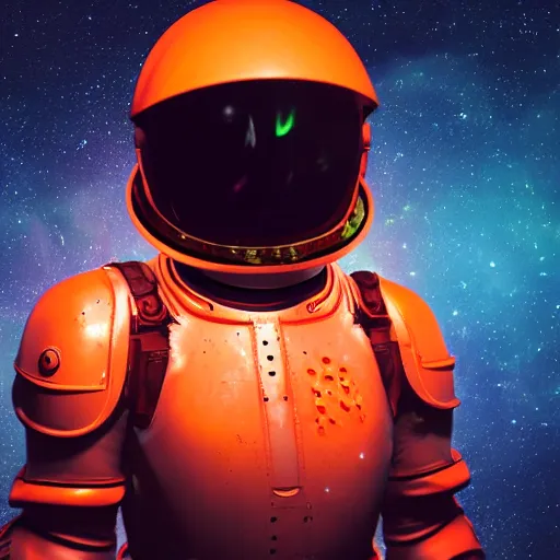 Image similar to spacemarine spacehelmet, dark armor, glowing neon orange details, full body, dark space background, clear lines, cinematic lighting, 4k, hyperrealistic, god rays, high details, unreal engine 5, cinematic