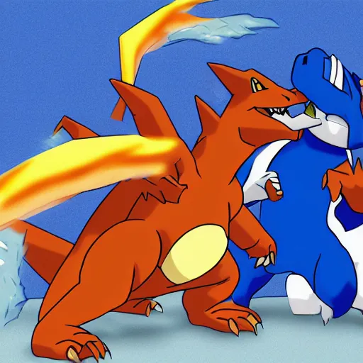 Image similar to charizard getting punched in the face by blastoise, wrestling ring