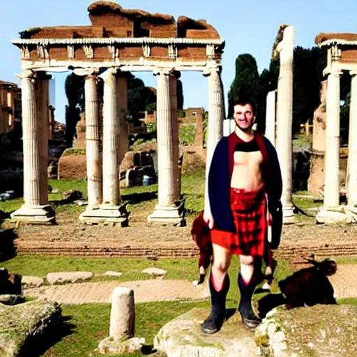 Image similar to idealized oil painting portrait of a man wearing a roman toga, posing with a highland cow, in the roman forum.