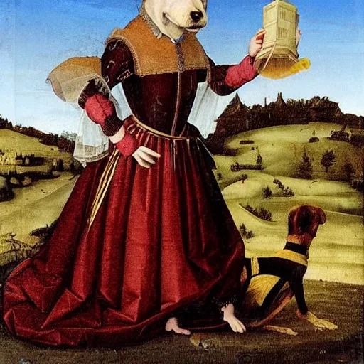 Image similar to a dog in a dress during the Renaissance