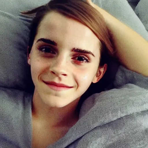 Image similar to emma watson in bed, comfy, bare shoulders, no makeup, no filter, natural skin, messy hair, sleepy, smiling shyly