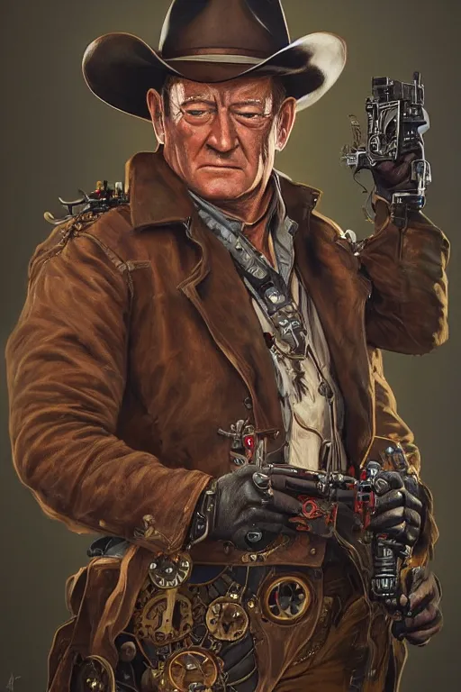 Image similar to john wayne as a steampunk cyborg gunslinger, portrait, western, duster, fantasy, intricate, elegant, highly detailed, digital painting, artstation, concept art, sharp focus, illustration, art by artgerm and greg rutkowski and alphonse mucha