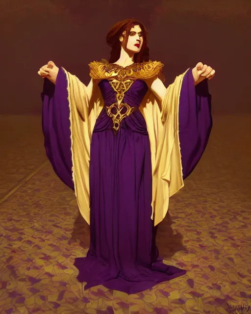 Image similar to greek vampire, ornate purple and gold byzantine dress, very detailed, beautiful, intricate, cinematic, artstation, william bouguereau, alphonse mucha, greg rutkowski, rossdraws, octane render