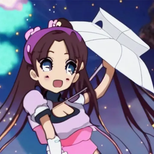 Prompt: Ariana Grande as a cute anime woman destroying a city