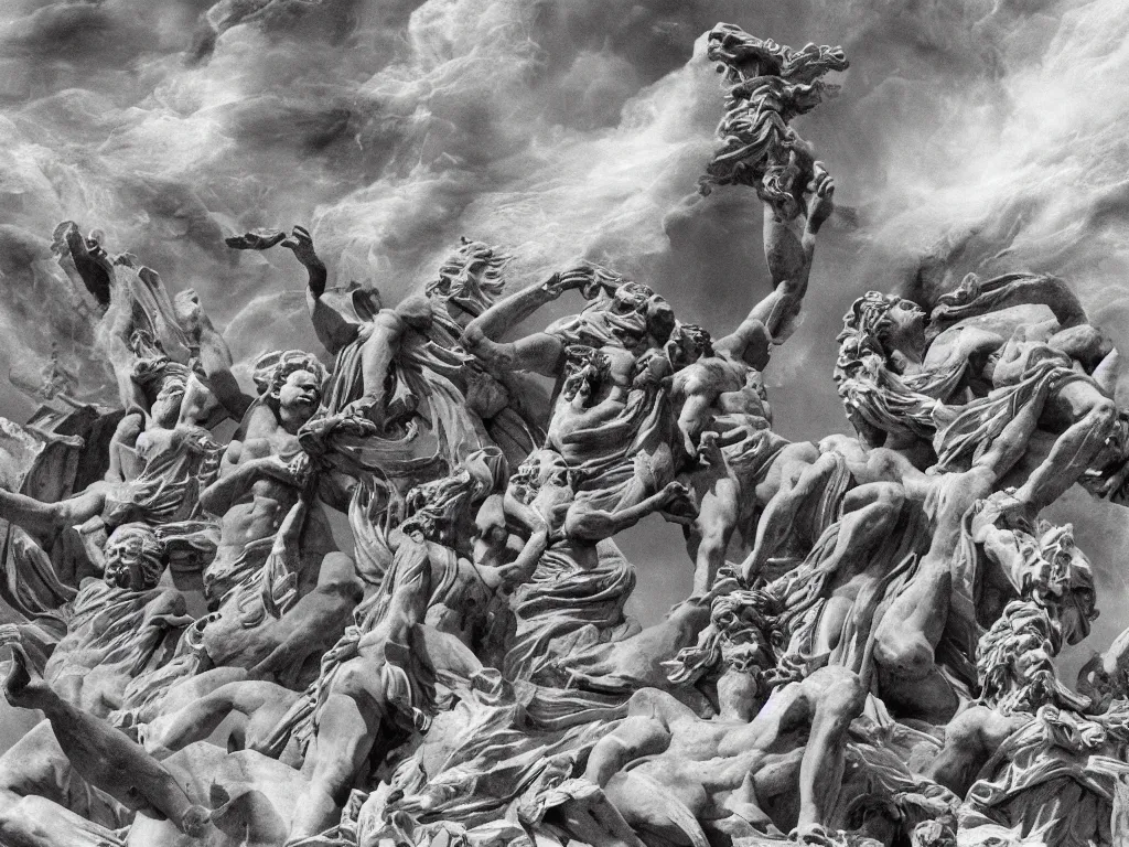 Image similar to giant greek statues attacking a city, city destruction ruins, debris flying around, swirls of fire