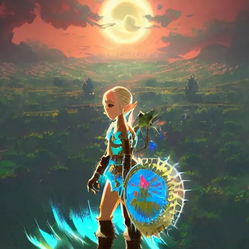 Prompt: kerli koiv in the art style of zelda breath of the wild, dramatic lighting, digital art, intricate, highly detailed, matte painting, fine art