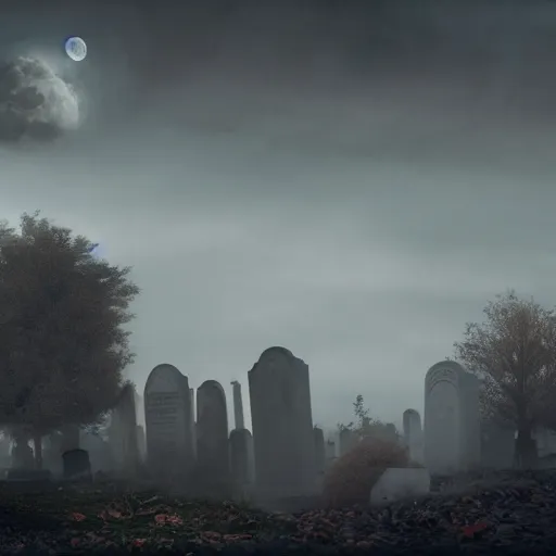 Prompt: Matte Oil painting of the moon above a Cemetery, Atmospheric, Foggy, ghosts, Detailed, photorealistic