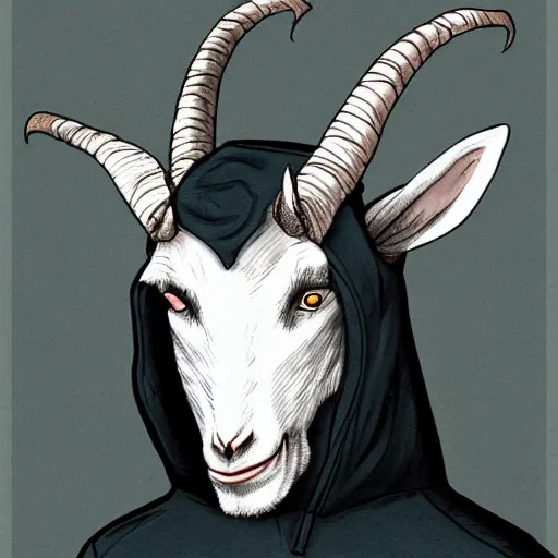 Image similar to A demonic goat man wearing a hood, art by Trevor Henderson