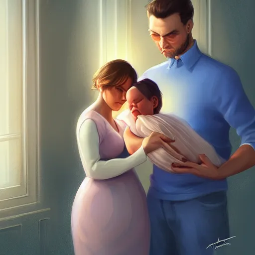 Prompt: husband and wife standing together, she is holding their newborn baby girl, beautifully lit, detailed, by artgerm, mumford and rutkowski, artstation cgsociety