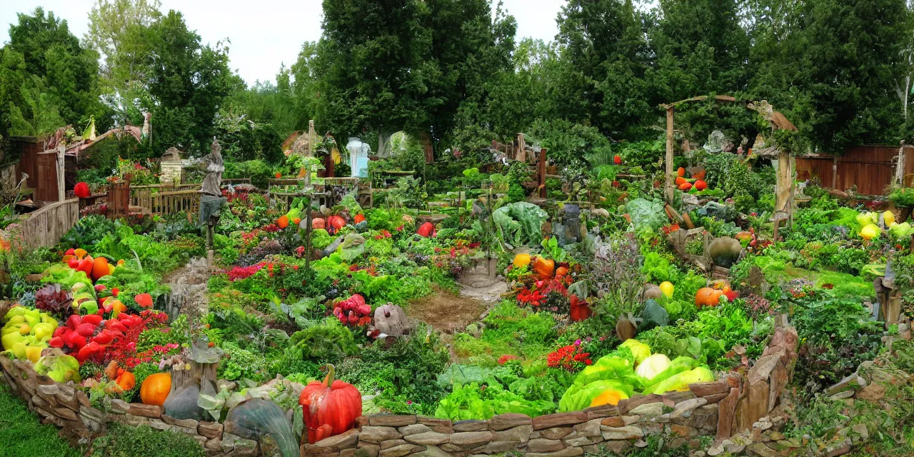 Prompt: storybook scene garden with comically large vegetables