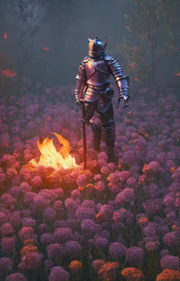 Image similar to full body image of a knight in bed of flowers in dark forest, surrounded by fire and smoke, moody, rim light, dynamic lighting, cinematic shot, gritty, ultra - detail, renderman, physically based render