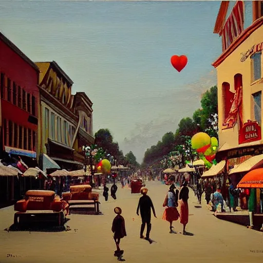 Prompt: Santa cruz main street, early morning with people and children with baloons walking around, eugène de lacroix painting, aesthetic,