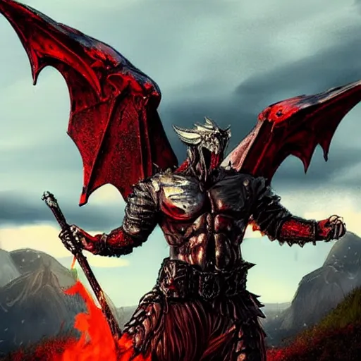 Prompt: am a man devil in armor made of iron and dragon bones, with hellish big beautiful red devil wings, height detailed body elements, against the background of mountains, ocean, battlefield