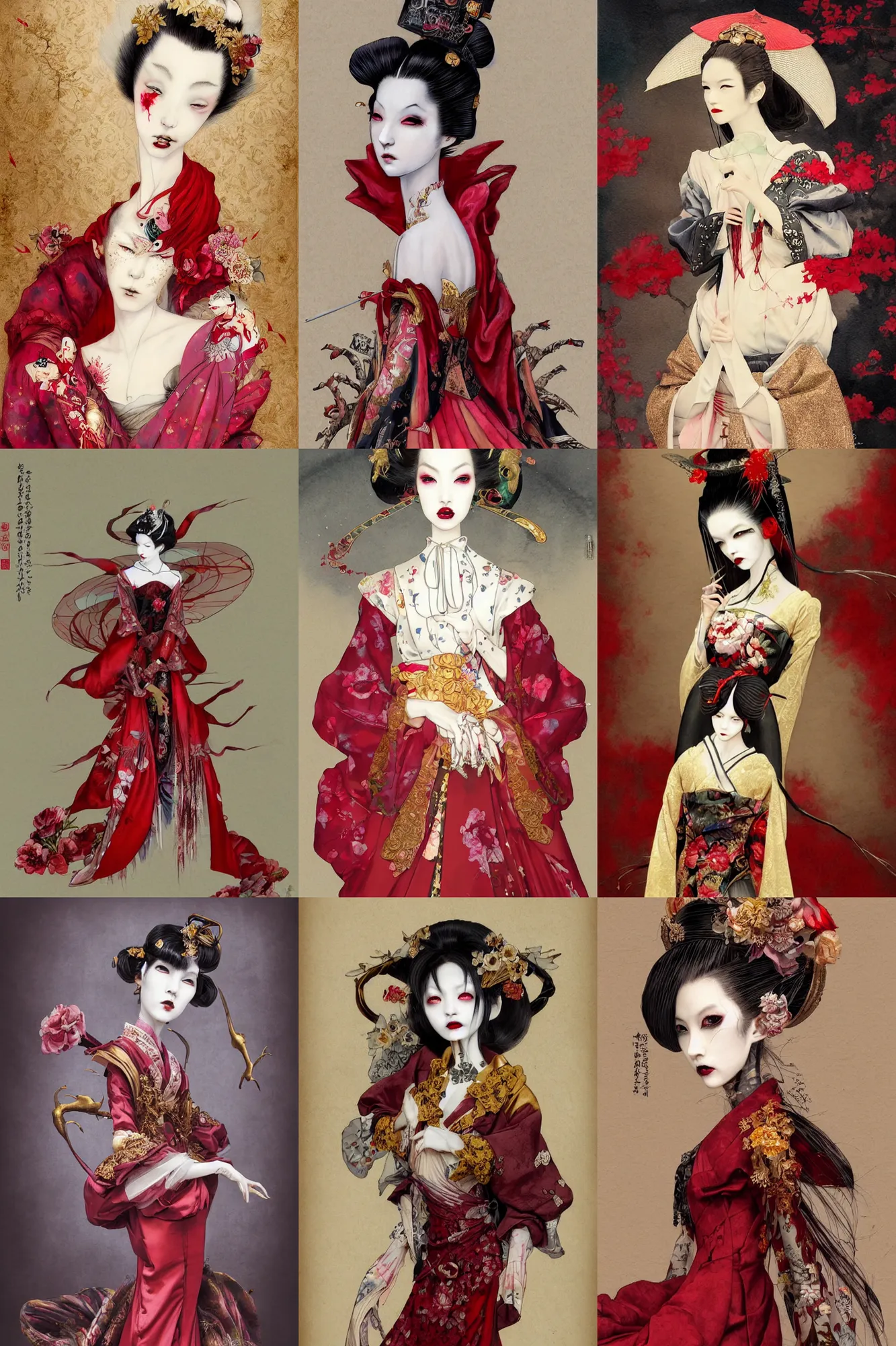 Prompt: watercolor painting avant - garde vogue fashion portrait of a geisha vampire queen japanese bjd with a long neck in a victorian lolitafashion red dress painted by yoshitaka amano, tom bagshaw, ayami kojima, intricate detail, artstation, artgerm, in the style of dark - fantasy rococo, gold leaf art