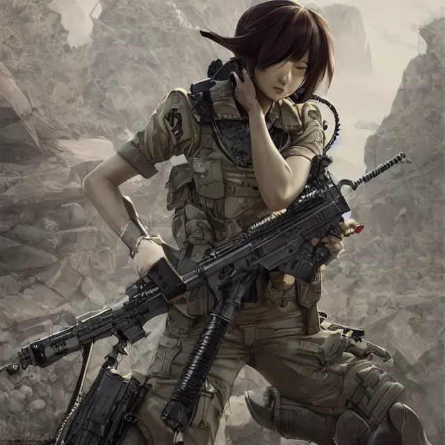 Image similar to the photorealistic portrait of lawful neutral female futuristic marine sniper as absurdly beautiful, gorgeous, elegant, young anime gravure idol, an ultrafine hyperdetailed illustration by kim jung gi, irakli nadar, intricate linework, bright colors, octopath traveler, final fantasy, unreal engine 5 highly rendered, global illumination, radiant light, detailed and intricate environment