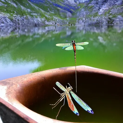 Image similar to dragonfly in a bathtub in the alps, goats!!! in background