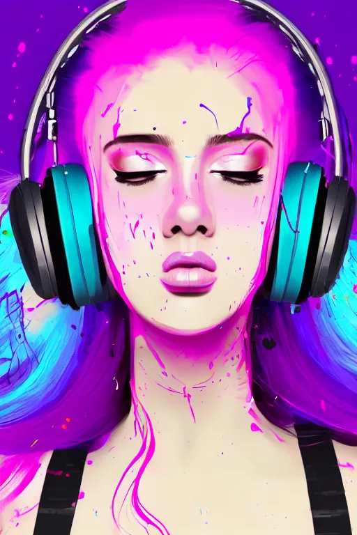 Image similar to a award winning half body portrait of a beautiful woman in a croptop and cargo pants with ombre purple pink teal hairstyle with head in motion and hair flying listenin to music on headphones by wlop, paint splatter, outrun, vaporware, shaded flat illustration, digital art, trending on artstation, highly detailed, fine detail, intricate