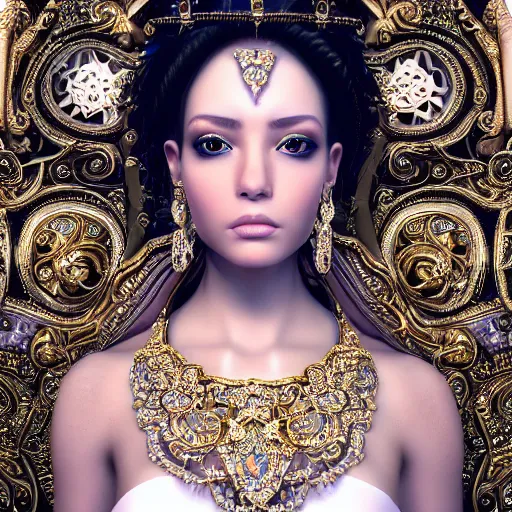 Image similar to portrait of pretty princess with perfect skin, beauty, glowing, ornate and intricate diamond jewelry, jaw dropping, ornate and intricate backdrop, white accent lighting, hyper detailed, 4 k octane render