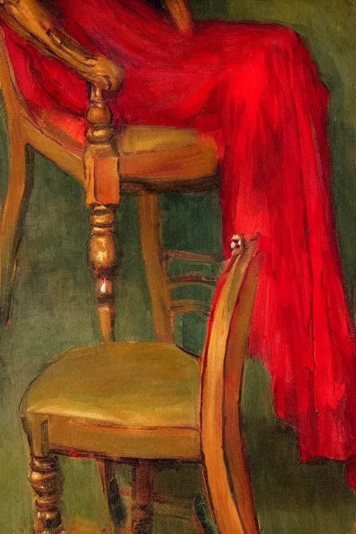 Image similar to an empty red dress laid across a chair in a dark victorian era room. in the style of american impressionism painting.