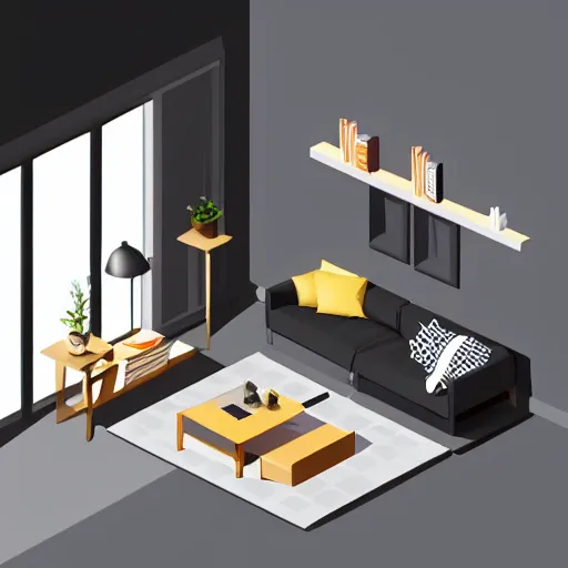 Image similar to interior design of a beautiful and cozy isometric living room, modern minimal design, photorealist, 4 k