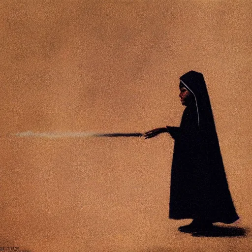 Image similar to a young black nun smoking and puffing lots of smoke, minimalistic background, by Beksinski