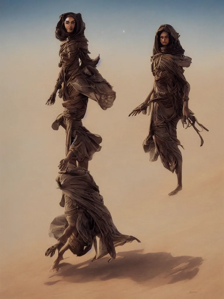 Image similar to a stunning hyperrealistic character from the movie Dune walking through an arid minimalistic desert with harsh noon sunlight with an oasis in the background, award-winning, masterpiece, in the style of Tom Bagshaw, Cedric Peyravernay, Peter Mohrbacher