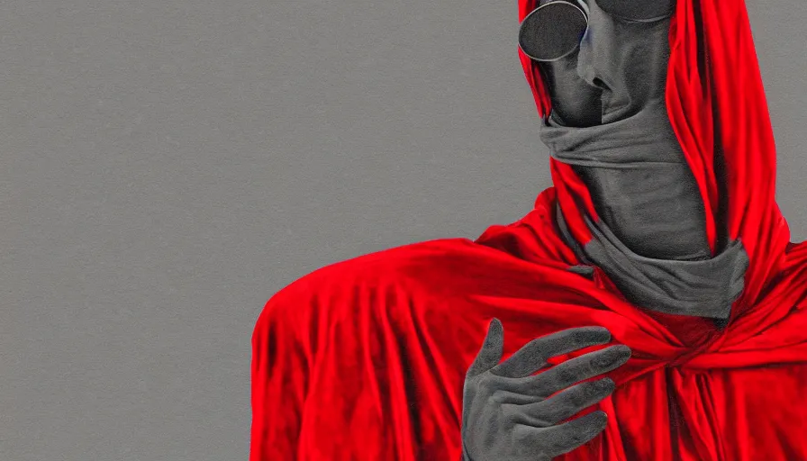 Prompt: portrait digital drawing of invisible man wrapped in red velvet sheet. dark grey background, analog picture, kodak camera