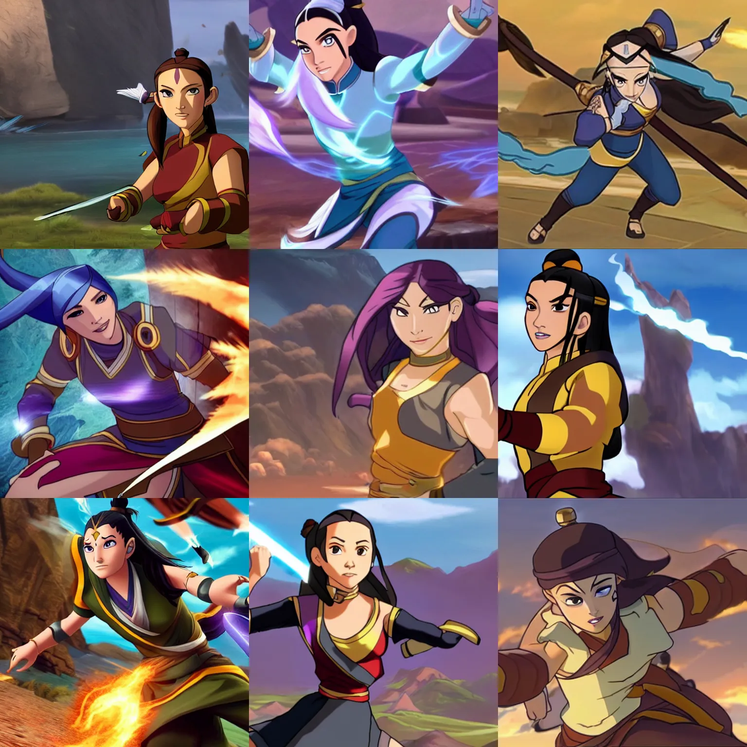 Prompt: action shot of Caitlyn (League of Legends) in avatar the last air bender