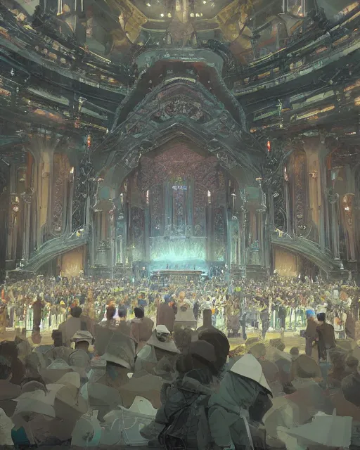 Image similar to craig mullins and ghibli digital matte art of a crowd in a futuristic church, priest, pews, ethereal, inviting, unreal engine, hyper realism, realistic shading, cinematic composition, realistic render, octane render, detailed textures, photorealistic, wide shot