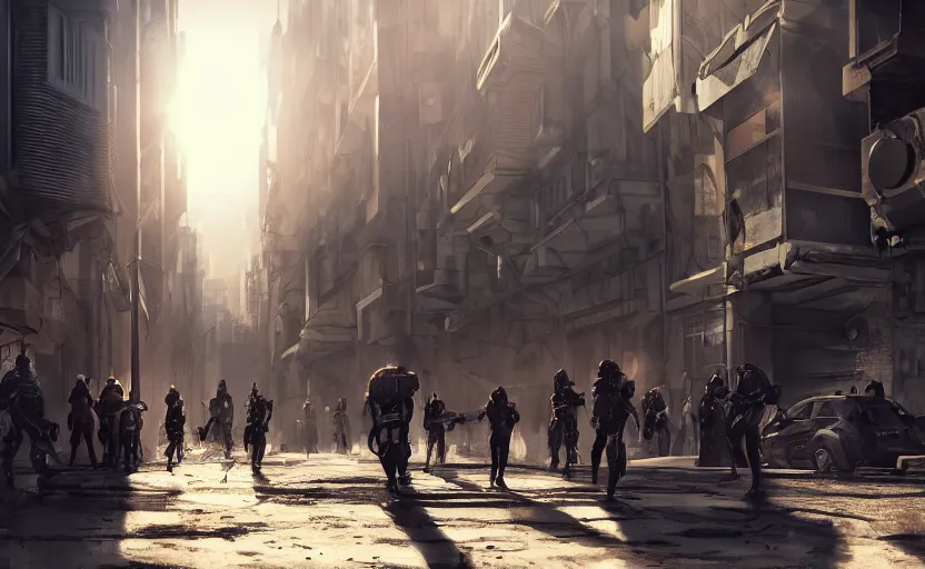 Image similar to photorealistic cyborg knights exploring post - apocalyptic futuristic city streets. daylight. sunlight. lens flare. light fixtures. 8 k. detailed. photorealism. artstation. 2 5 mm f 1. 7 a