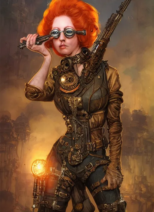 Prompt: 8K, realistic ginger Lady Mechanika in a Comic Book cover, holding a shotgun, and wearing victorian goggles in a ultradetailed Steampunk scenary, by Artgerm and Peter Andrew Jones and beksinski , trending on artstation, featured in Deviantart, Wallpaper, sharp focus, D&D, detailed, intricate, cinematic lighting,