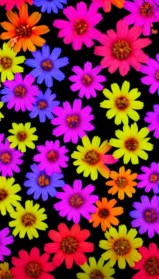 Prompt: highly detailed realistic photo of glowing colorful small multiple flowers in dark background, vibrant colors, award winning masterpiece photography, hyper realistic, concept art, 8 k detail post - processing