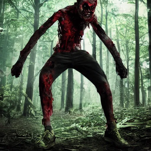 Image similar to a zombie superhero in a scary forest, 8 k, shallow depth of field, 8 k, ultra high detail, concept art,