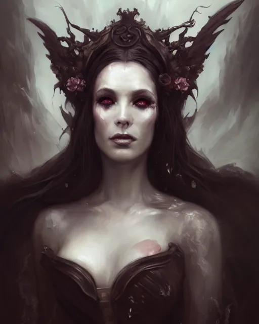 Image similar to bastien lecouffe deharme and wlop detailed portrait digital rococo painting of a beautiful serious villainess wearing fantasy clothing like liliana vess, villainess has black angel wings, evil mood, hellish battlefield in the background, unreal engine, embers flying, hyper realism, realistic shading, cinematic composition, blender render, octane render, ultrawide shot