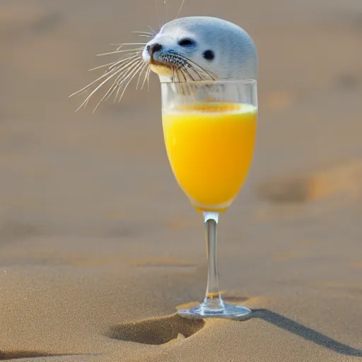 Image similar to a cute happy baby seal drinking a mimosa on the beach, 4k, digital art