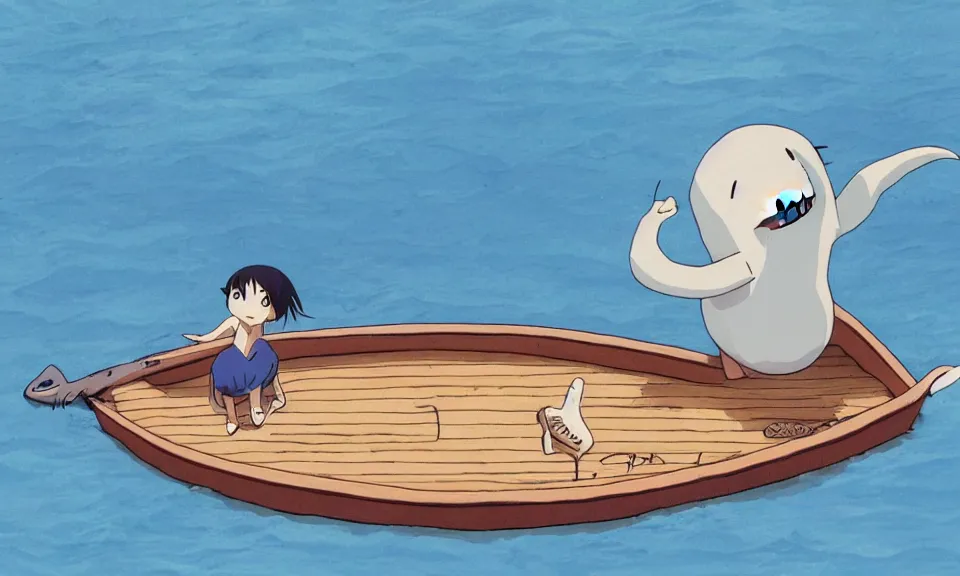 Prompt: A happy blue whale on a raft, ghibli, anime