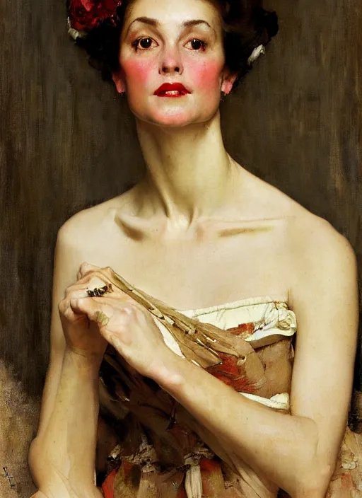 Image similar to illustration upper body and head portrait of elegant woman in summer dress, by norman rockwell, roberto ferri, daniel gerhartz, tom lovell, dean cornwell