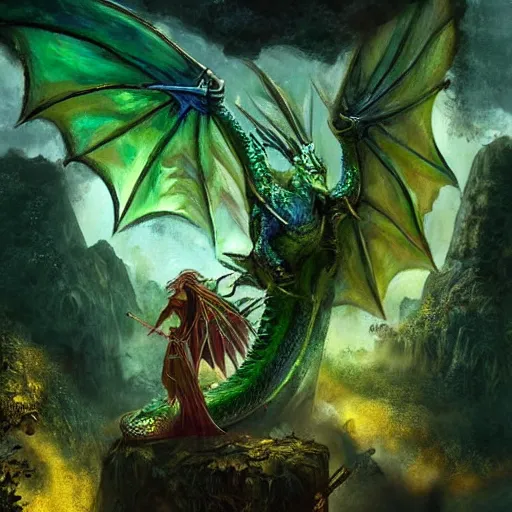 Prompt: fairy tale, painting, massive green dragon!!!, muscular, dnd, inside a dungeon, realistic!, dungeons and dragons, in front of small adventures in shadow, cinematic composition, huge wings, trimmed in gold, medieval style, detailed, lens flare, fan art, digital painting, kodachrome, dramatic