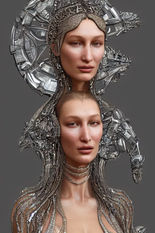 Image similar to a highly detailed portrait of a beautiful ancient alien matrix woman goddess bella hadid in iris van herpen dress in diamonds and fractals in style of alphonse mucha art nuvo dmt trending on artstation made in unreal engine 4