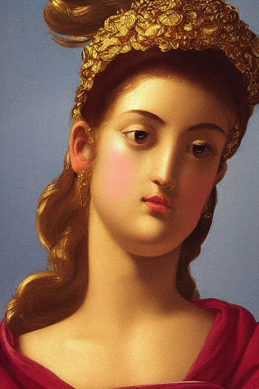 Image similar to Beautiful girl, calm face, closeup, ultra detailed, made in gold, Guido Reni style