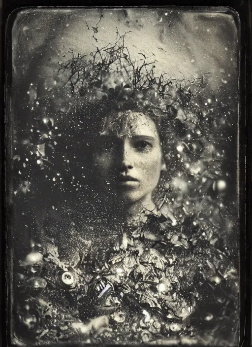 Prompt: old wetplate daguerreotype portrait of the birth of a super hero, explosion of data fragments, fractal, intricate, elegant, highly detailed, parallax, leica, medium format, subsurface scattering, by jheronimus bosch and greg rutkowski and louis jacques mande daguerre