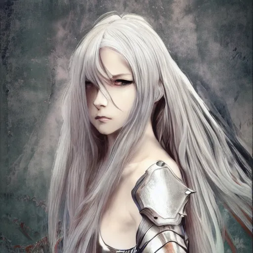 Prompt: realistic full body character design character design of an anime girl with long white hair wearing Elden Ring armor with engraving in the style of Yoji Shinkawa, noisy film grain effect, highly detailed, Renaissance oil painting, weird portrait angle, blurred lost edges, three quarter view