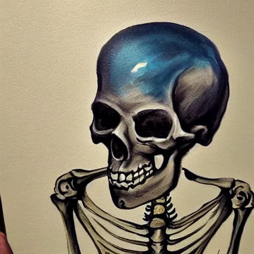 Prompt: human skeleton sitted and painting a beautiful painting