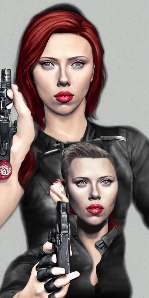 Prompt: Scarlet Johansson posing with a pistol drawn to the viewer as a GTA V character