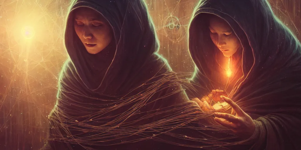 Image similar to old hooded woman weaving the strings of the multiverse, epic scene, dramatic, multiverse, highly detailed, high quality, 8 k, 4 k, octane render, digital painting, alena aenami, lilia alvarado, shinji aramaki, karol bak, alphonse mucha, tom bagshaw