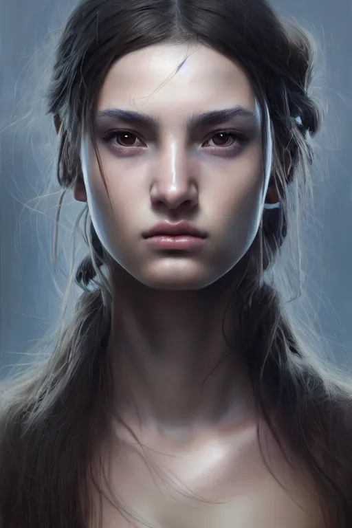 Image similar to a photorealistic painting of an attractive young girl, partially clothed in stealth-like battle armor, olive skin, long dark hair, beautiful bone structure, symmetrical face, perfect eyes, intricate, elegant, digital painting, concept art, illustration, sharp focus, minimal artifacts, from Metal Gear, in the style of Ruan Jia and Mandy Jurgens and Greg Rutkowski, trending on Artstation, award winning