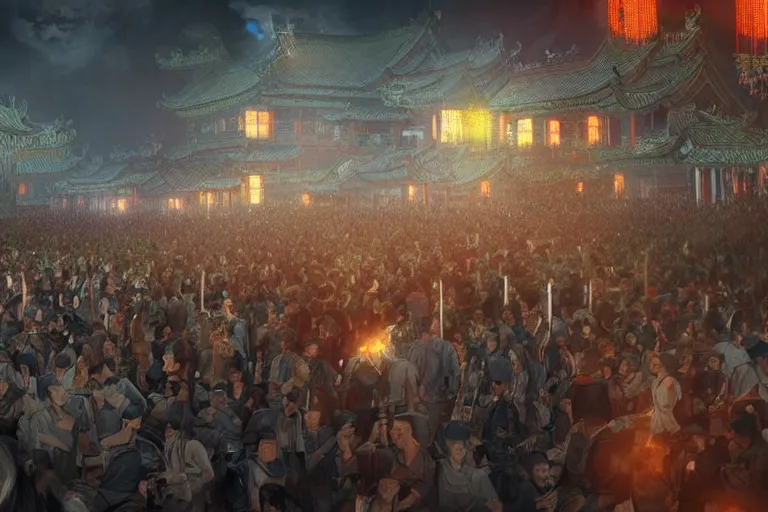 Image similar to crowds on programmers are marching to chinese palace, dark atmosphere, light above palace, digital art, trending on artstation