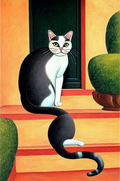 Image similar to a beautiful painting of a cat, sitting on the outside stairs of an house in a characteristic village in the south of Italy, Botero style, postcard, vintage