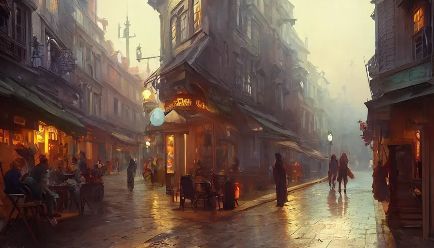 Prompt: Painting with a small european street from from cafe terrace. volumetric lighting, 4k, octane, digital painting, artstation, concept art, sharp focus, illustration, art by artgerm and greg rutkowski and alphonse mucha.