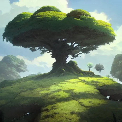 Prompt: A landscape of a single ancient oak tree, Studio Ghibli, castle in the sky, animated, anime, illustrated, vibrant, overgrown, by Greg Rutkowski, dungeons and dragons on artstation